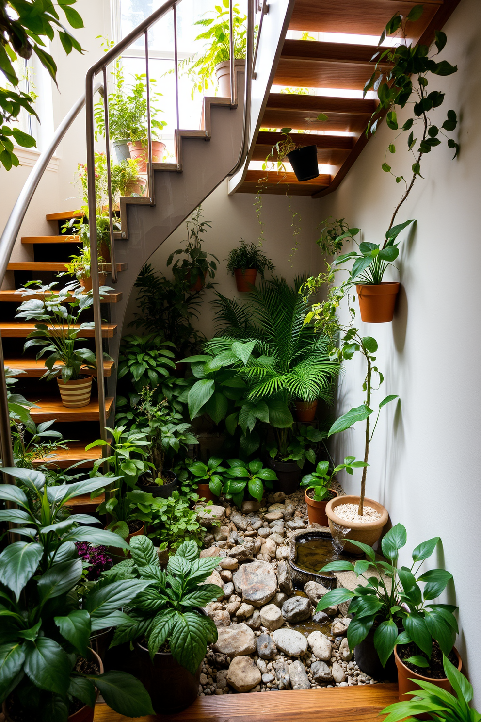 An indoor garden nestled under the staircase features a variety of potted plants in different sizes. The space is filled with lush greenery, creating a serene and inviting atmosphere with soft natural light filtering through nearby windows. The staircase is designed with wooden steps and a sleek railing, complementing the earthy tones of the plants. Decorative stones and a small water feature enhance the tranquil ambiance, making it a perfect retreat within the home.