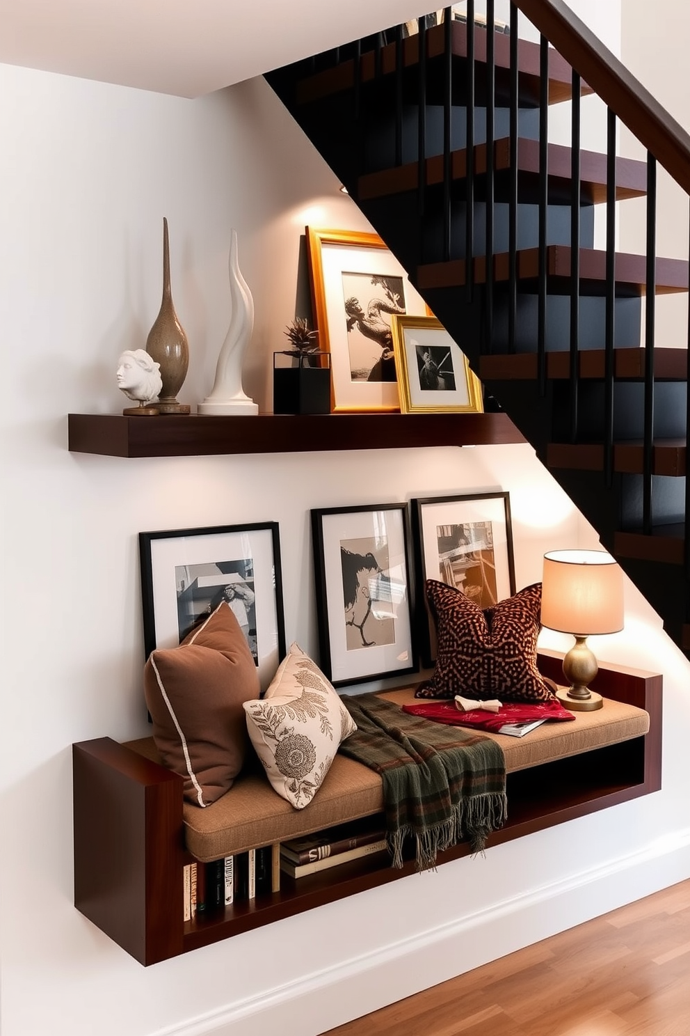 Elegant display for art pieces. A sleek wooden shelf is mounted on the wall, showcasing a curated selection of sculptures and framed artworks. Soft lighting highlights each piece, creating a gallery-like ambiance that draws the eye. Under Staircase Design Ideas. A cozy reading nook is created beneath the stairs, featuring a built-in bench with plush cushions and a small bookshelf. The area is adorned with decorative throws and a warm lamp, inviting relaxation and creativity.