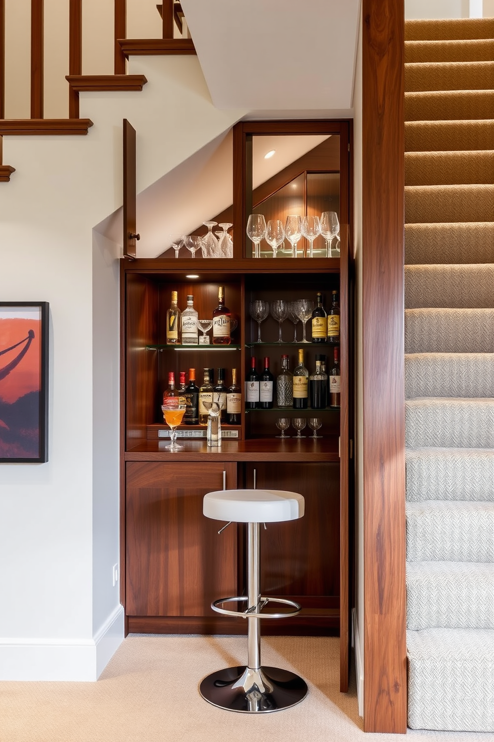 A hidden bar cabinet elegantly tucked away under the staircase offers a stylish solution for entertaining guests. The cabinet features rich wood finishes and sleek glass doors, showcasing a curated selection of fine spirits and glassware. Soft ambient lighting highlights the collection while maintaining a cozy atmosphere. A small counter space provides room for mixing drinks, complemented by stylish bar stools for a casual gathering.