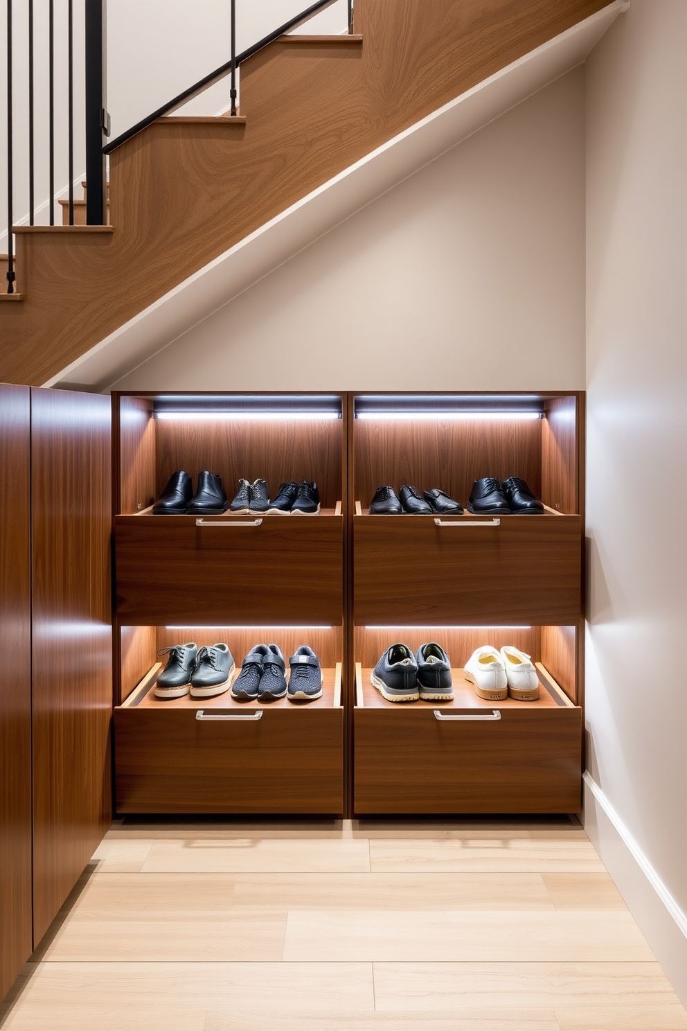 A modern shoe storage solution is designed under the staircase featuring sleek pull-out drawers. The cabinetry is finished in a rich walnut wood, providing a warm contrast to the light-colored walls. Each drawer is equipped with soft-close mechanisms for a seamless user experience. The area is illuminated by subtle LED strip lighting, highlighting the organized rows of shoes displayed within.