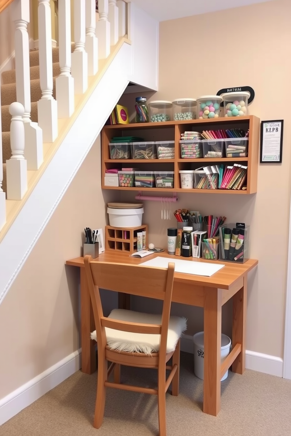 A cozy craft station is nestled under the staircase, featuring a sturdy wooden table that is clutter-free and well-organized. Shelves above the table hold an array of colorful supplies, neatly arranged in clear containers for easy access. The walls are painted in a soft pastel hue, creating a calming atmosphere for creativity. A comfortable chair with a plush cushion is positioned at the table, inviting hours of crafting enjoyment.