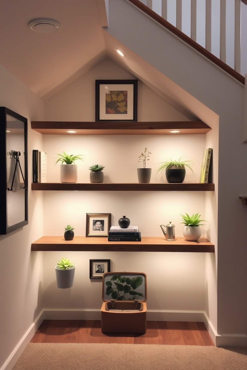 A cozy under staircase nook features floating wooden shelves adorned with decorative items such as books, plants, and art pieces. Soft lighting illuminates the space, creating an inviting atmosphere perfect for showcasing personal treasures.