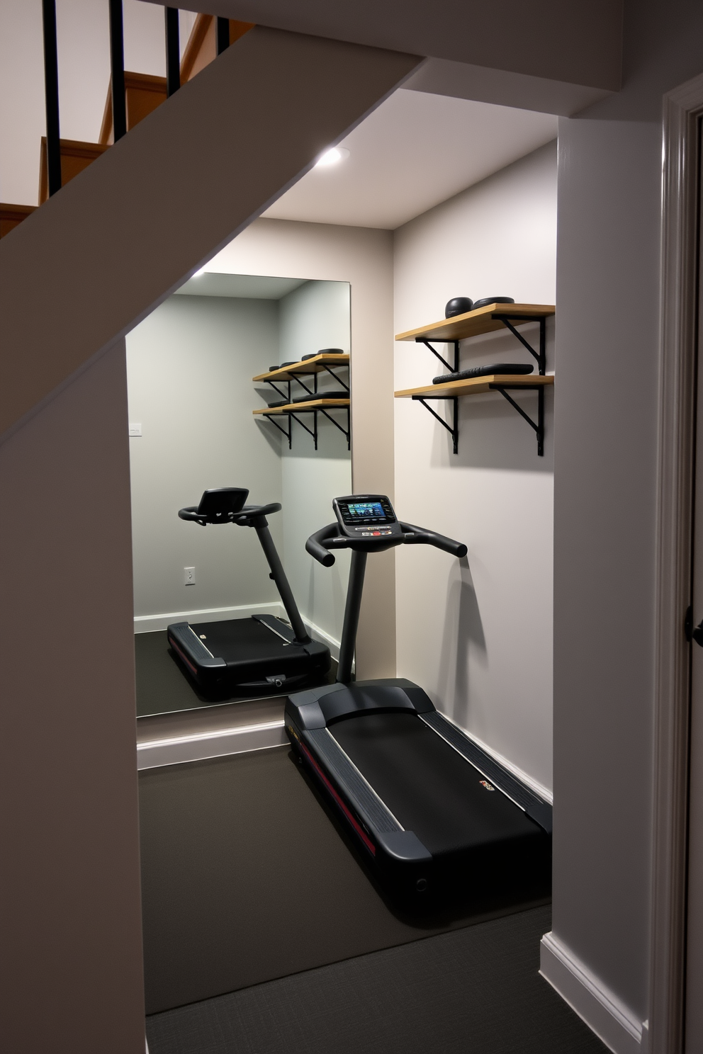 A cozy small workout area nestled under the staircase features a compact treadmill and a set of free weights. The walls are painted in a light gray hue, and a large mirror reflects the space, making it feel more open and inviting. The flooring is covered with a durable rubber mat for safety and comfort during workouts. Shelving units are installed on the wall to store workout accessories and provide a touch of organization.