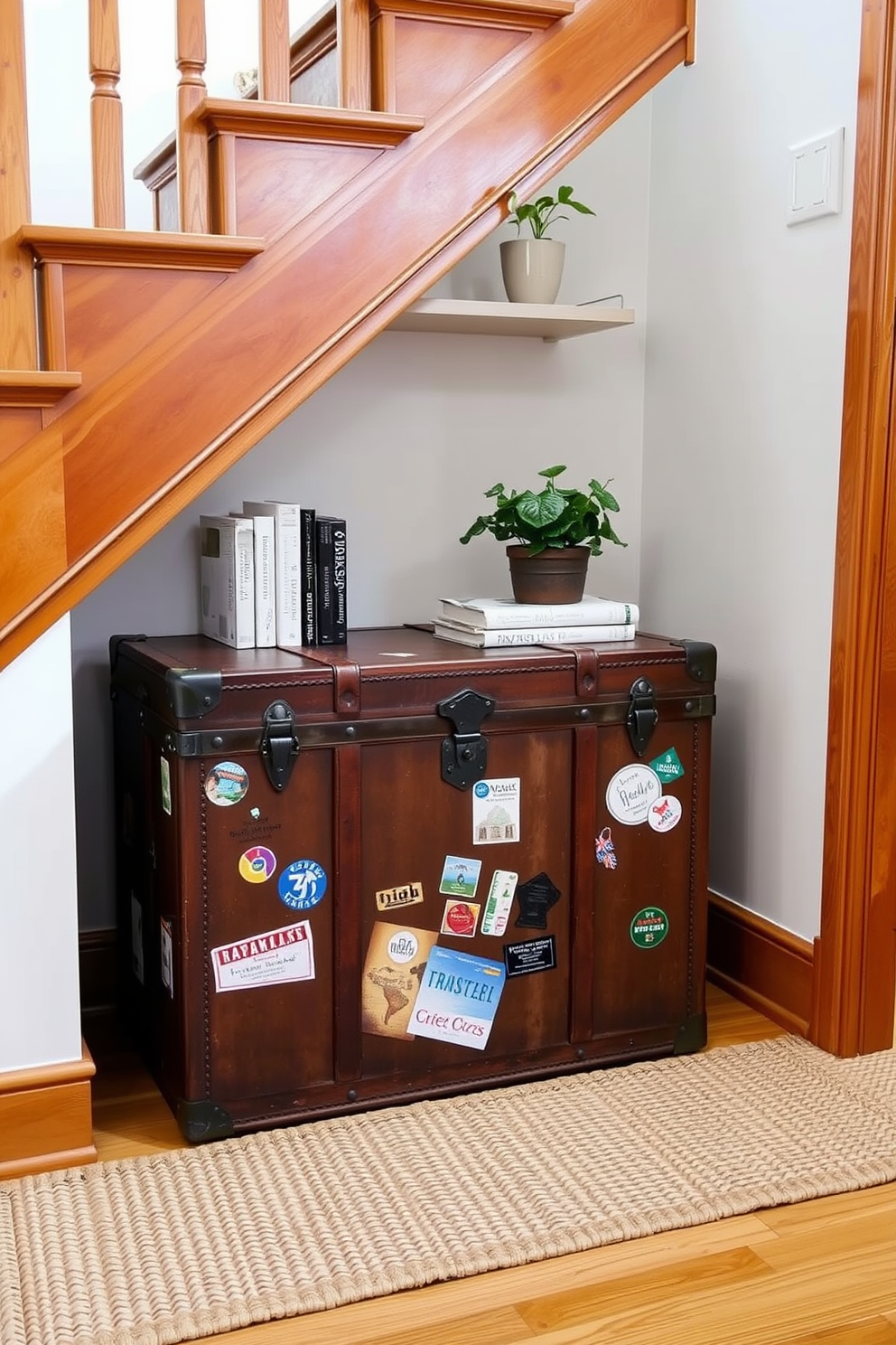 A vintage trunk is placed under the staircase, serving both as a storage solution and a decorative element. The trunk is adorned with travel stickers and sits on a woven rug that complements the surrounding decor. The staircase features a warm wooden finish, with soft lighting highlighting the trunk's rustic charm. Above the trunk, a small shelf displays curated books and a potted plant, adding a touch of greenery to the space.