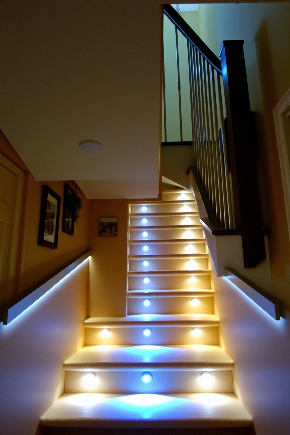 Under stair lighting creates a warm and inviting ambiance that enhances the overall aesthetic of the space. Soft LED lights illuminate the stair treads, casting gentle shadows and highlighting the architectural details of the staircase. The design features built-in lighting fixtures that are seamlessly integrated into the staircase structure. The walls beneath the stairs are adorned with decorative elements, such as framed artwork or shelves, to complement the illuminated area.