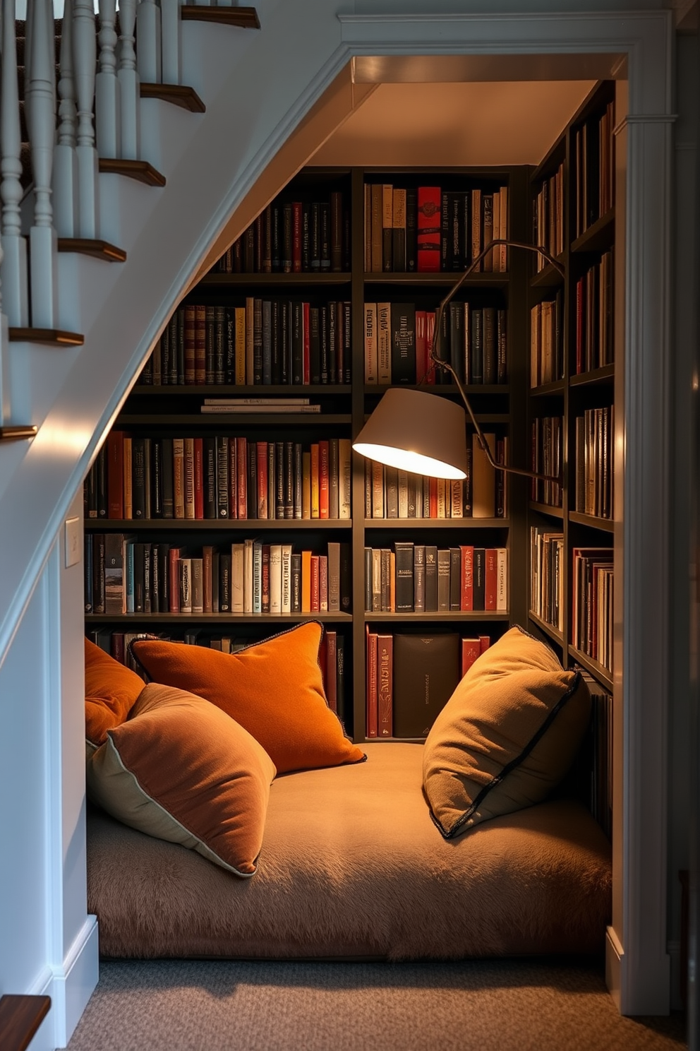 A cozy reading cave nestled under the staircase features plush seating with oversized cushions in warm, inviting colors. Soft lighting from a stylish floor lamp illuminates the space, while bookshelves filled with an array of books line the walls, creating an intimate and tranquil atmosphere.