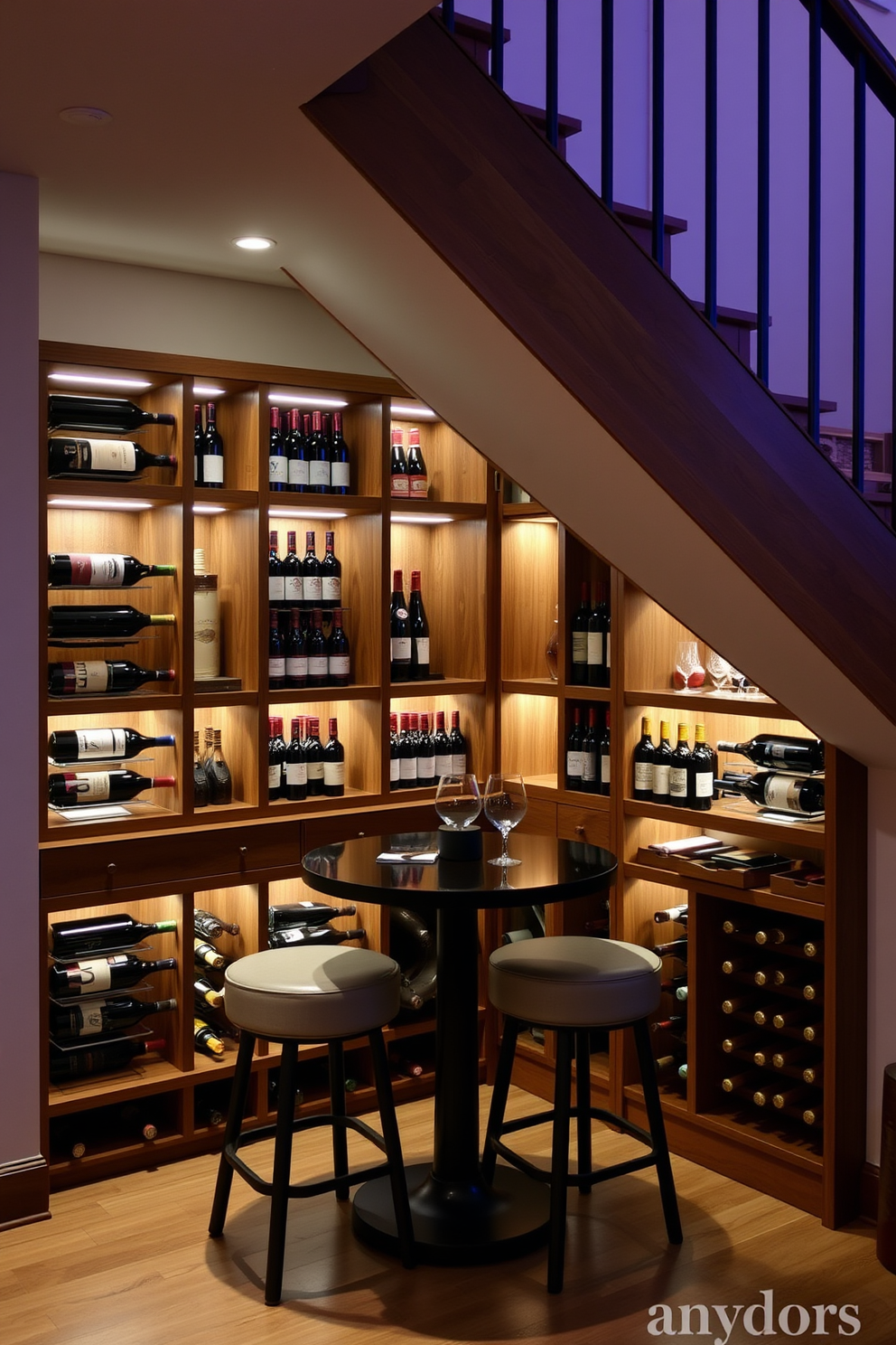 A stylish wine storage display area is designed under the staircase with custom wooden shelving that showcases a variety of wine bottles. Soft LED lighting highlights the collection and creates an inviting ambiance, while a small tasting table with elegant stools complements the space.