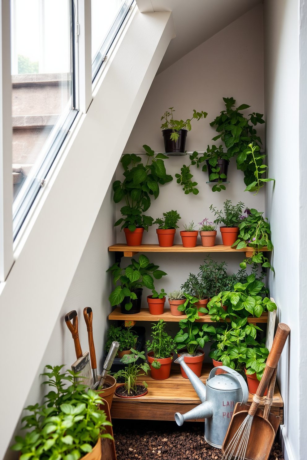 A cozy miniature greenhouse nestled under the staircase. The space is filled with vibrant herbs and small plants, with natural light filtering through glass panels. The walls are painted in a soft white to enhance the greenery. Wooden shelves hold various pots, while a small watering can and gardening tools are neatly arranged nearby.