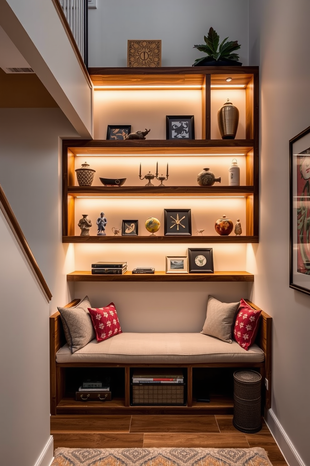 A stylish display for travel souvenirs is created by incorporating a series of open shelves that showcase various artifacts and mementos from different destinations. The shelves are made of reclaimed wood, adding warmth and character to the space, while soft LED lighting highlights the souvenirs. Under the staircase, design ideas include a cozy reading nook featuring a built-in bench with plush cushions and a small bookshelf. The area is enhanced with decorative wall art and ambient lighting, creating an inviting retreat for relaxation.