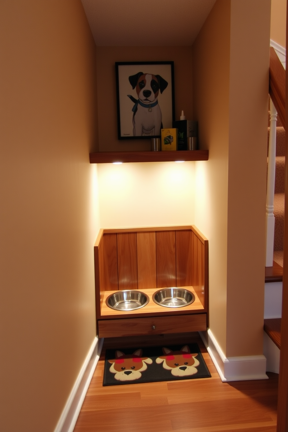 A cozy under stair pet feeding station designed with a built-in wooden cabinet that holds food and water bowls. Soft lighting illuminates the area, and a decorative mat adds a pop of color to the floor. The space features a small shelf above the feeding station for storing pet supplies, with a charming pet-themed artwork on the wall. The design incorporates a warm color palette to create an inviting atmosphere for both pets and owners.