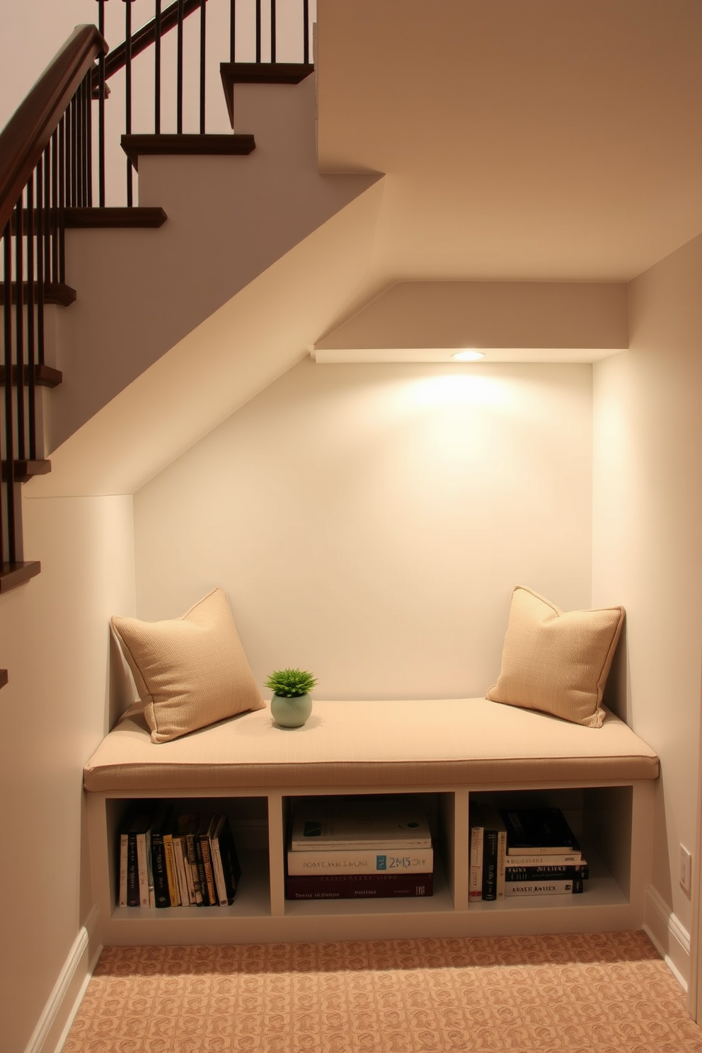 A cozy under staircase design featuring a built-in bench that serves both seating and storage. The bench is upholstered in a soft, neutral fabric and has shelves beneath for books and decorative items. The walls are painted in a light, airy color to enhance the space, while ambient lighting is installed above the bench for a warm glow. A small potted plant sits on the bench, adding a touch of greenery to the design.