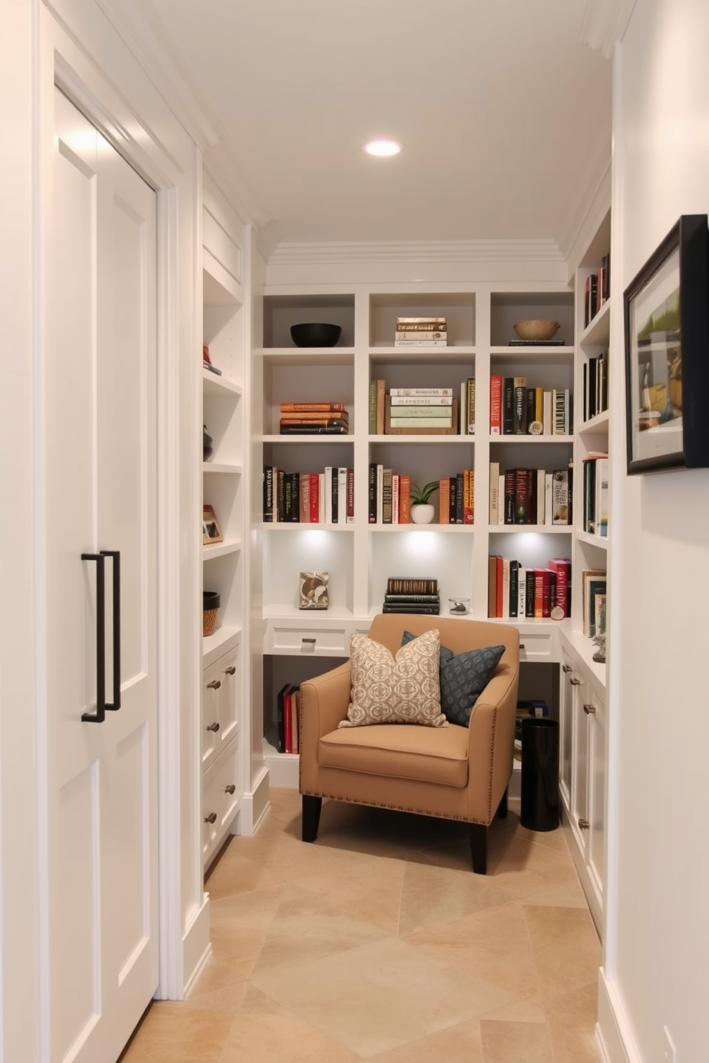 A functional pantry designed for kitchen essentials features custom shelving that maximizes storage space. The walls are painted in a soft white, and the floor is covered with durable, easy-to-clean tiles. Under staircase design ideas create a cozy reading nook with built-in bookshelves. Soft lighting illuminates the space, and a plush armchair invites relaxation while surrounded by decorative pillows.