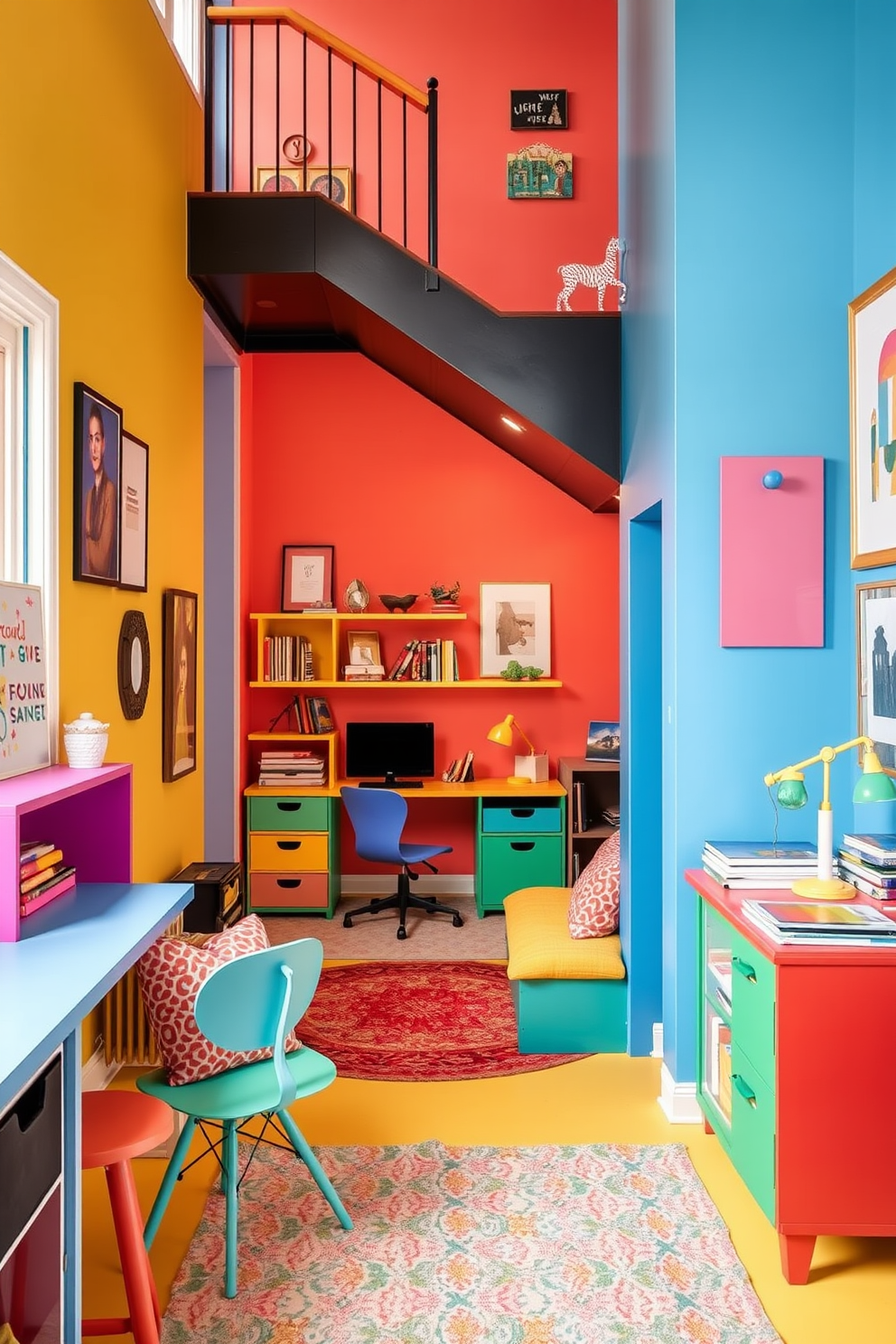 A creative workspace filled with bright colors. The walls are painted in vibrant hues, and the furniture features playful designs that inspire creativity. Under the staircase, a cozy nook is transformed into a functional workspace. The area is adorned with colorful shelves, a small desk, and comfortable seating, making it an inviting place to work.