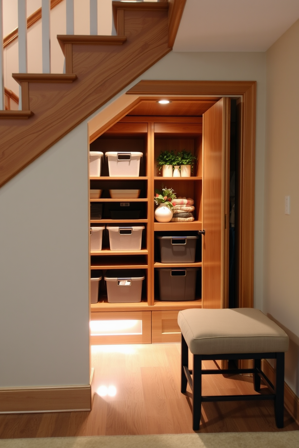 A cozy under stair closet designed for seasonal items. The closet features built-in shelving for storage, with a warm wood finish that complements the surrounding staircase. Soft ambient lighting illuminates the space, highlighting neatly organized bins and seasonal decor. A small cushioned bench sits nearby, providing a functional yet stylish touch to the under stair area.