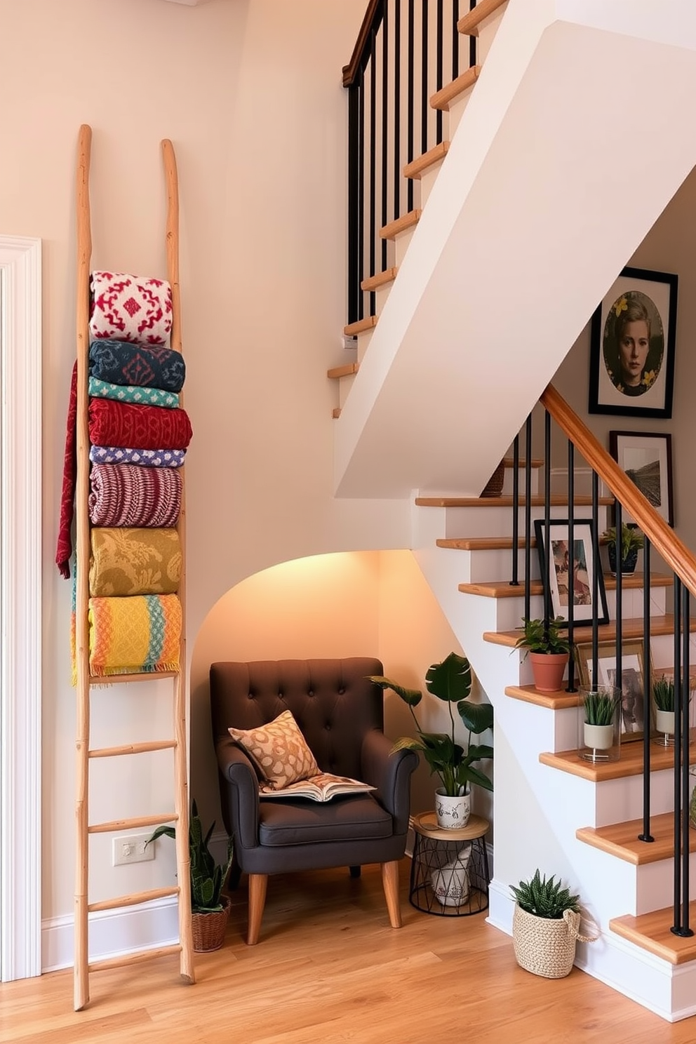 A decorative ladder is positioned against the wall, showcasing an array of colorful blankets in various textures. The ladder is made of natural wood, adding warmth to the space, while soft lighting highlights the vibrant patterns of the blankets. Beneath the staircase, a cozy reading nook is created with a small armchair and a side table. The area is adorned with potted plants and framed artwork, making it an inviting spot for relaxation and enjoyment.