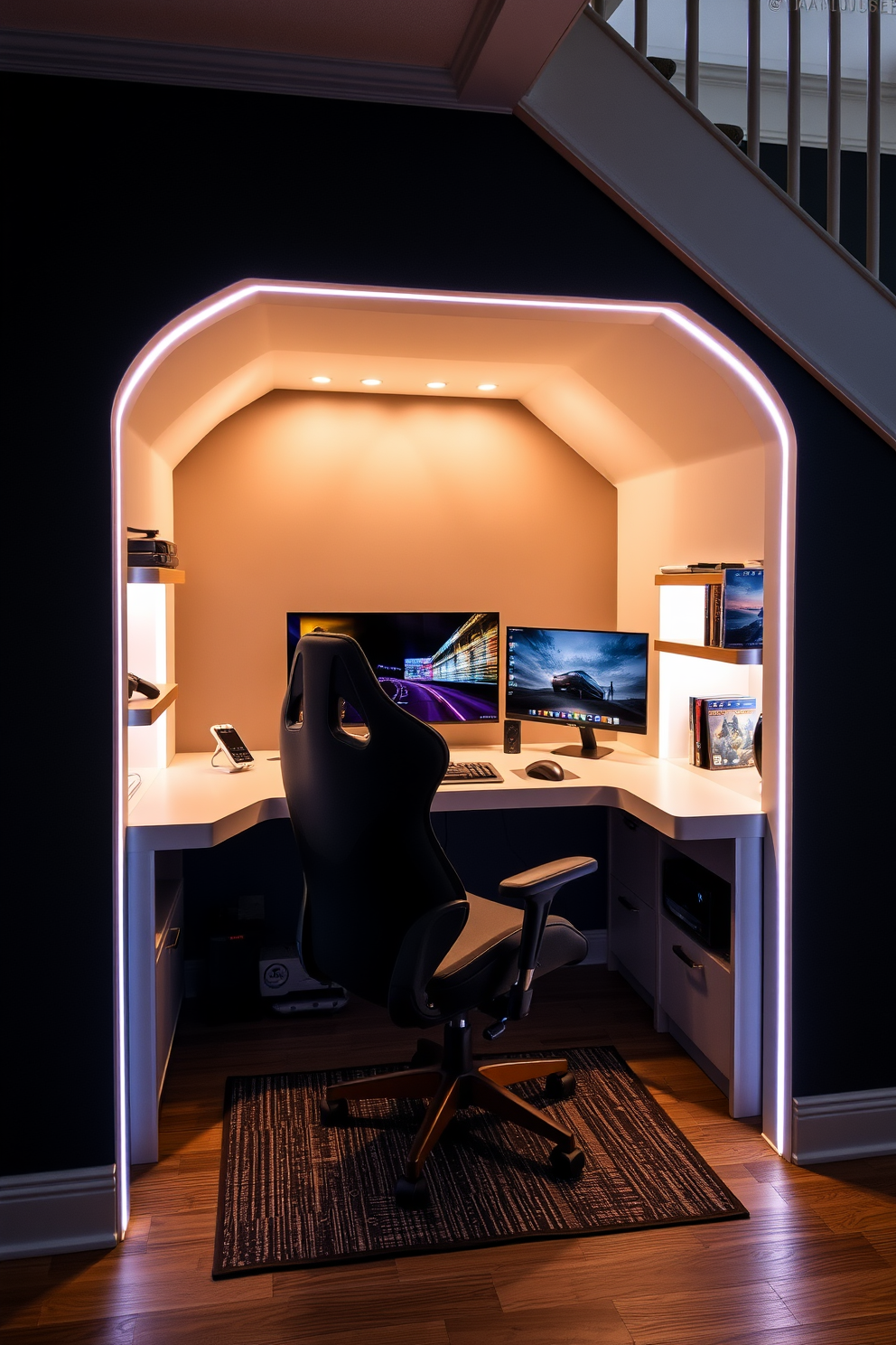 A compact gaming area designed under the staircase features a sleek, modern gaming desk with built-in shelves for consoles and games. Soft LED lighting illuminates the space, creating an inviting atmosphere perfect for gaming sessions. The walls are painted in a dark, rich color to enhance the cozy feel, while a comfortable gaming chair with ergonomic support is positioned for optimal gameplay. A small rug adds texture to the floor, and soundproofing panels are discreetly integrated for an immersive experience.