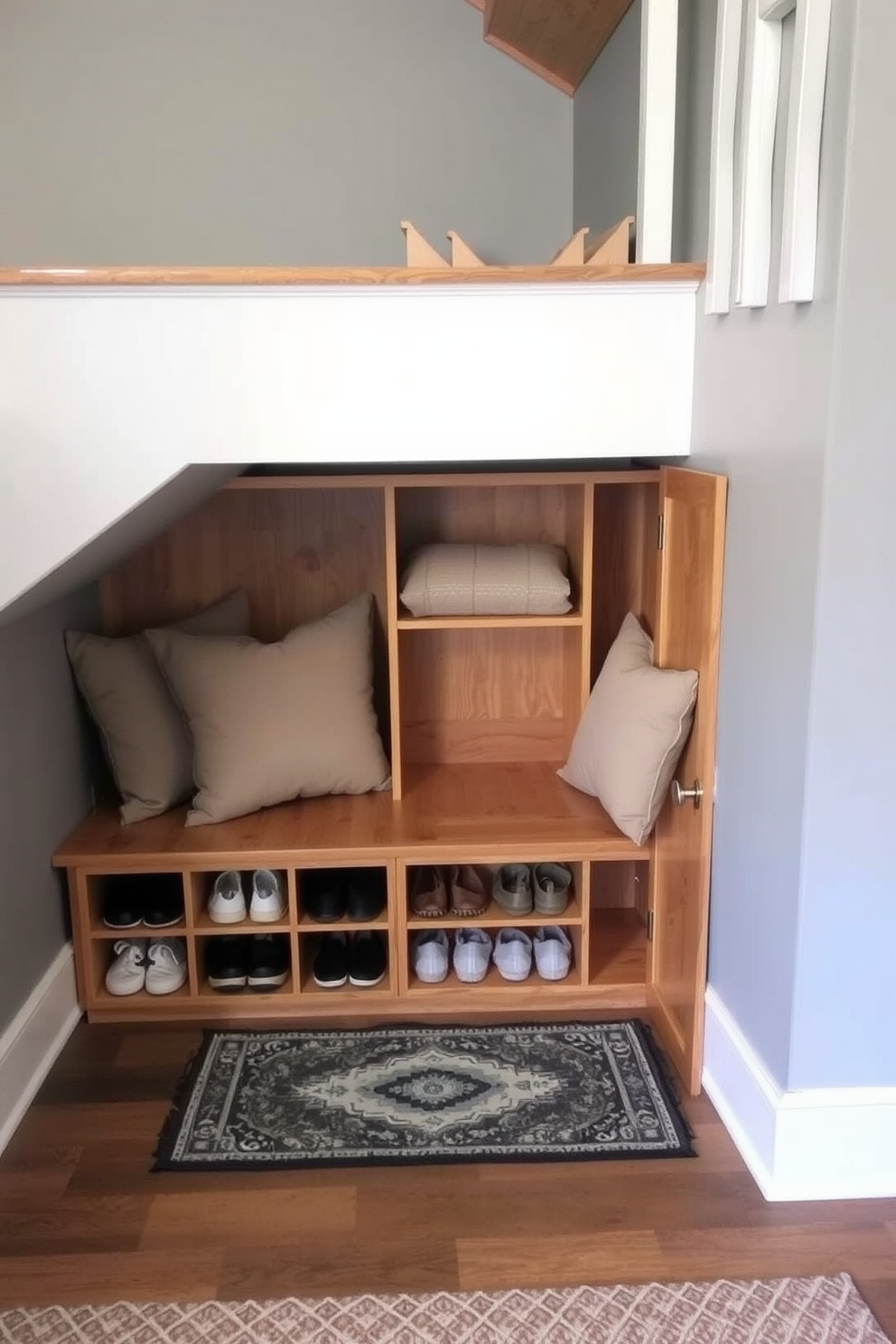 A stylish under stair shoe rack with integrated seating creates a functional and inviting space. The shoe rack features multiple compartments for organized storage, while the seating area is adorned with plush cushions in a neutral color palette. The walls are painted in a soft gray, complementing the natural wood of the shoe rack. A small decorative rug lies beneath the seating, adding warmth and texture to the area.