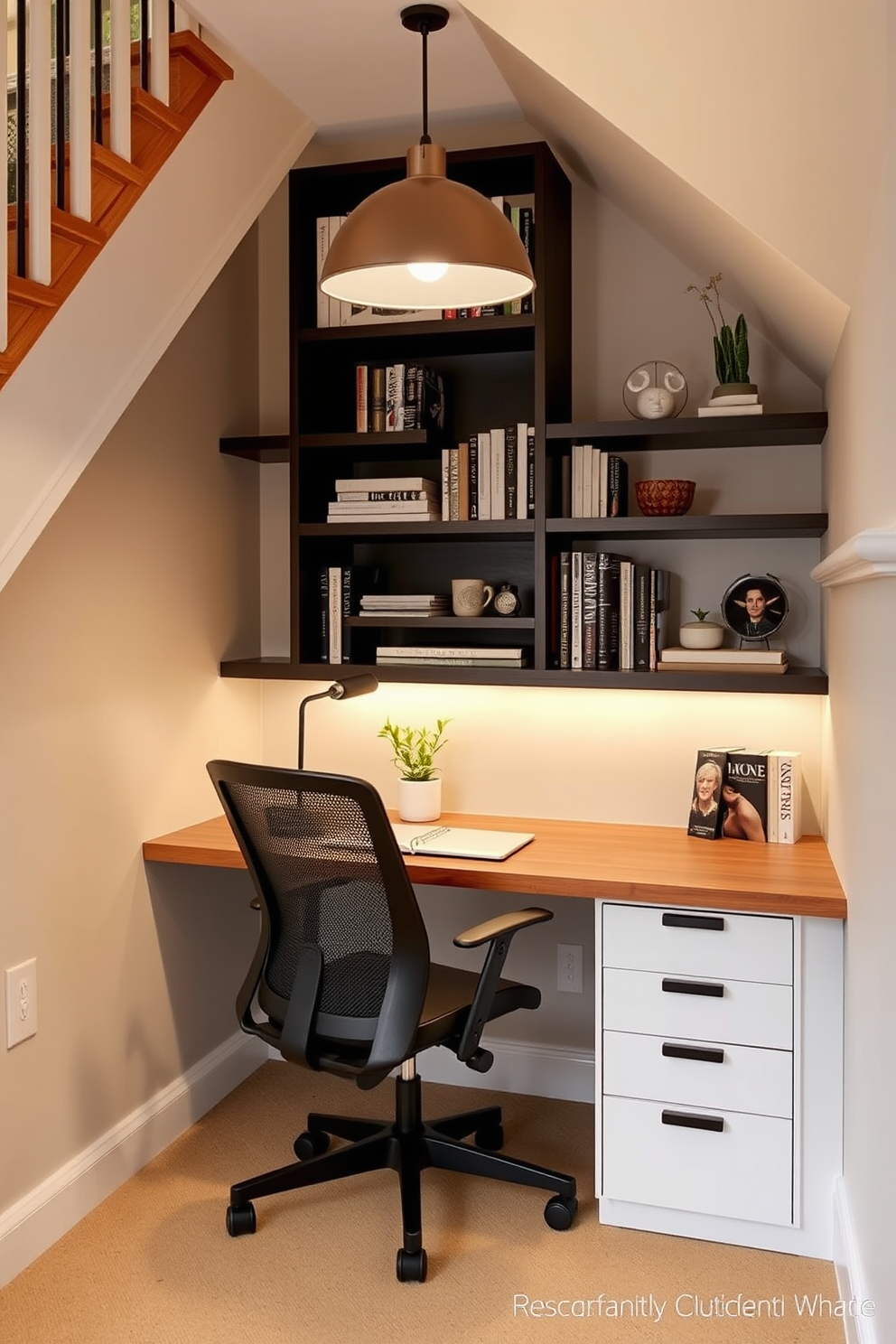 A cozy mini home office tucked under the staircase features a sleek wooden desk with a comfortable ergonomic chair. Shelves filled with books and decorative items line the walls, while a small potted plant adds a touch of greenery to the space. The walls are painted in a soft neutral tone, creating a warm and inviting atmosphere. A stylish pendant light hangs above the desk, providing ample illumination for work or study tasks.