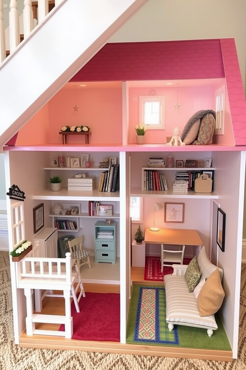 A charming dollhouse for children's play features a whimsical exterior painted in pastel colors with a welcoming front porch and tiny flower boxes. Inside, each room is thoughtfully decorated with miniature furniture, colorful rugs, and playful wall art that sparks imagination. Under staircase design ideas include a cozy reading nook with built-in shelves filled with books and soft cushions for comfort. This space can also incorporate a small desk for homework or art projects, maximizing the use of otherwise wasted space.