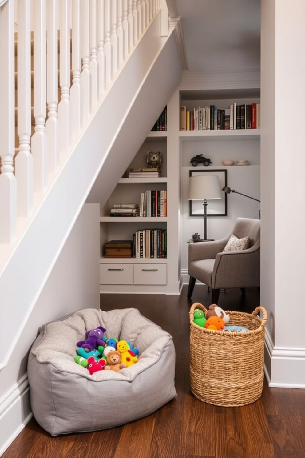 Chic pet corner featuring a plush bed in a soft gray fabric placed against the wall. Colorful toys are neatly arranged in a stylish woven basket nearby, adding a playful touch to the space. Under staircase design with built-in shelves showcasing books and decorative items. A cozy reading nook is created with a small armchair and a floor lamp, maximizing the use of the otherwise unused area.