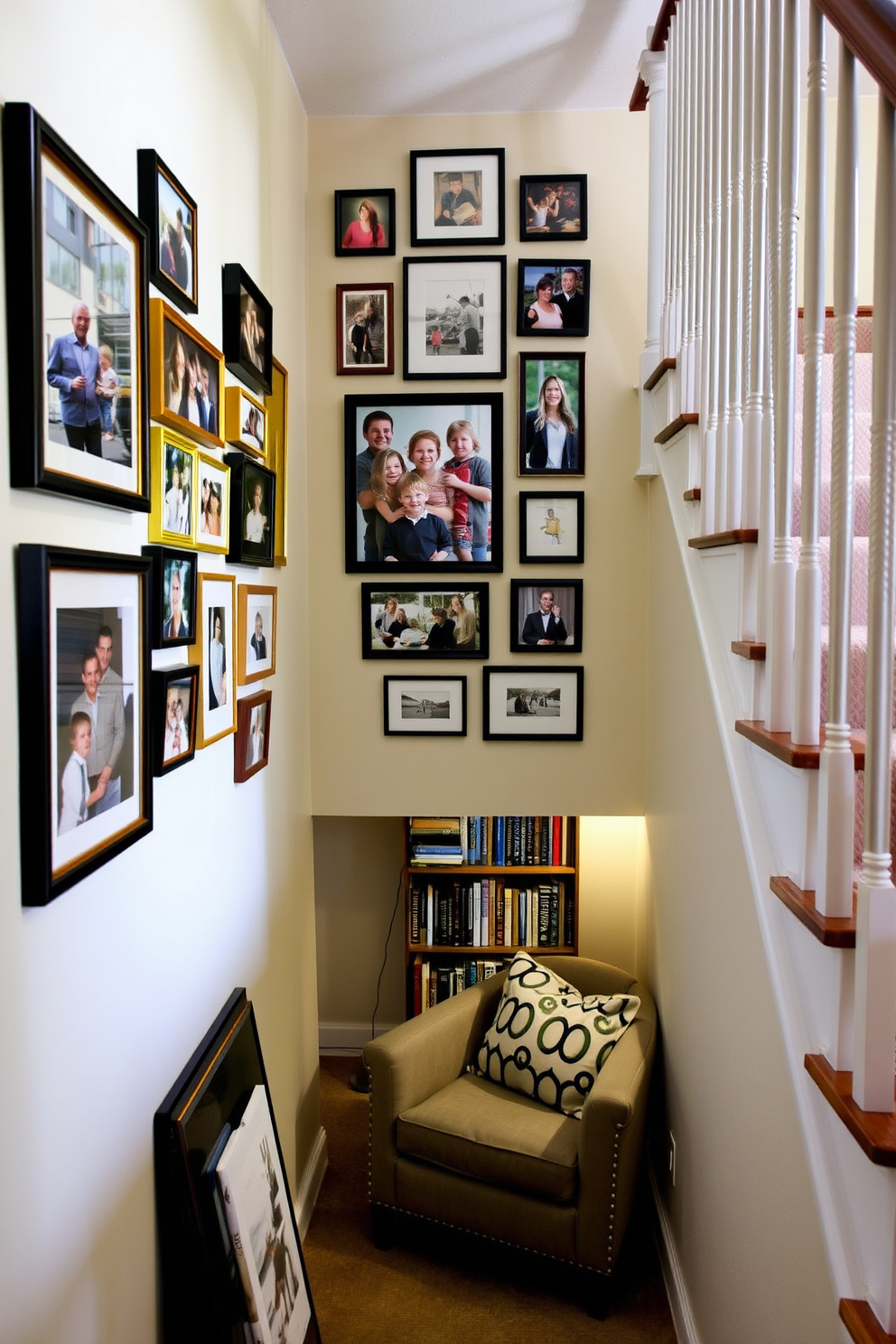 A gallery wall showcasing family photos. The wall is adorned with a mix of framed pictures in various sizes, creating a personal and inviting atmosphere. Under the staircase, a cozy reading nook is designed. It features a comfortable armchair, a small bookshelf filled with books, and soft lighting that enhances the space.