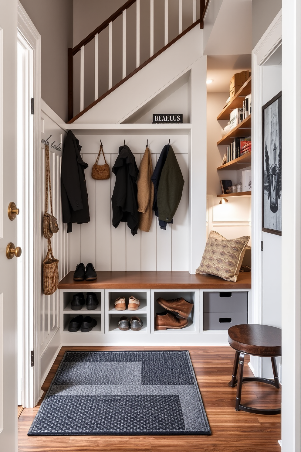 A functional mudroom designed for shoes and coats features a built-in bench with storage compartments underneath. Hooks line the wall for hanging coats and bags, while a durable mat covers the floor to catch dirt and mud. Under the staircase, clever design ideas include custom shelving for books and decorative items. A cozy reading nook with a small chair and soft lighting creates an inviting space, maximizing the use of the area.