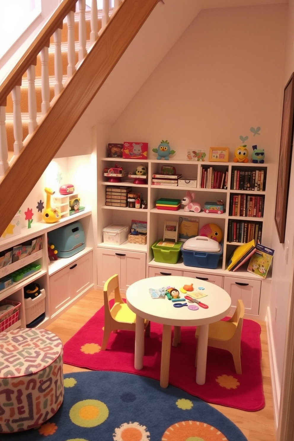 A cozy under stair play area for kids. The space features soft, colorful rugs and built-in shelves filled with toys and books. Bright wall decals add a playful touch, while warm lighting creates an inviting atmosphere. A small table and chairs provide a perfect spot for arts and crafts activities.