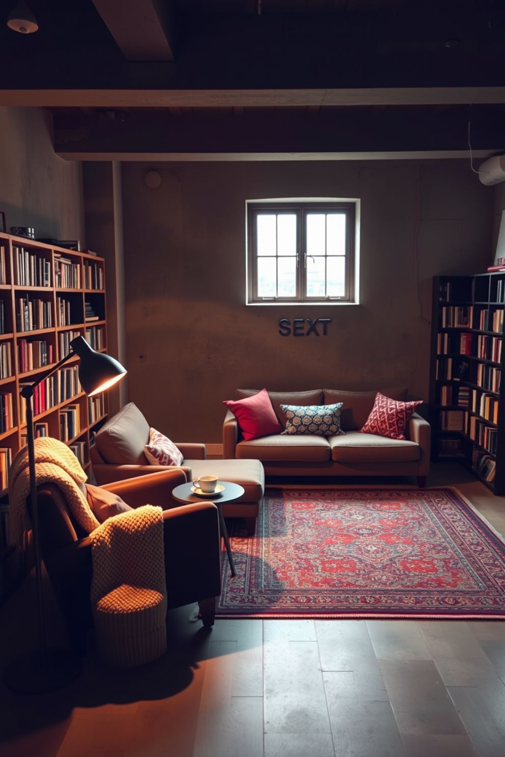 Cozy reading nook with soft lighting. A plush armchair sits in the corner, draped with a warm knitted blanket, next to a small side table holding a steaming cup of tea. The nook is illuminated by a vintage floor lamp with a soft glow, casting a warm ambiance throughout the space. Shelves filled with books line the walls, creating an inviting atmosphere perfect for relaxation and reading. Unfinished Basement Design Ideas. The space features exposed beams and concrete walls, offering a blank canvas for creativity and personalization. A comfortable sectional sofa is placed in the center, surrounded by colorful area rugs and modern accent pillows. Large windows allow natural light to filter in, enhancing the potential for a cozy and functional living area.