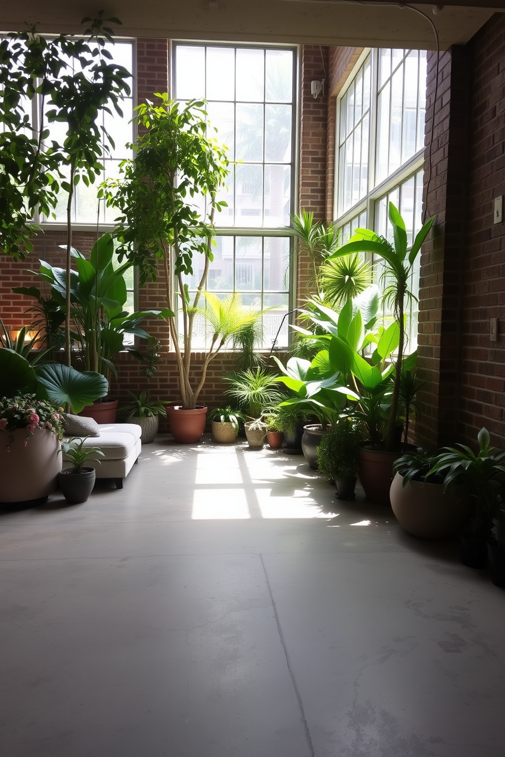 Indoor garden with plants and natural light. Sunlight streams through large windows, illuminating a variety of lush green plants arranged in decorative pots. Unfinished basement design ideas. The space features exposed brick walls and a polished concrete floor, with cozy seating areas and ambient lighting creating a welcoming atmosphere.