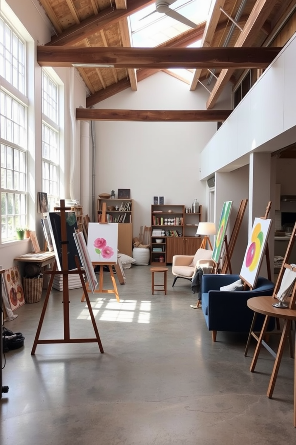 A bright art studio filled with natural light. There are several easels positioned around the room, surrounded by vibrant paint supplies and canvases leaning against the walls. A cozy unfinished basement designed for relaxation and creativity. The space features comfortable seating, soft lighting, and a small kitchenette, with exposed beams and a polished concrete floor adding character.