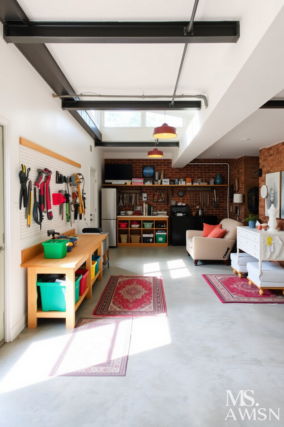 A bright and inviting workshop area for DIY projects and tools. The space features a sturdy wooden workbench against the wall, complemented by pegboards filled with neatly organized tools and supplies. The walls are painted in a soft white, creating a clean backdrop for creativity. Large windows allow natural light to flood the area, while colorful storage bins add a pop of color and keep the space tidy. An unfinished basement design that maximizes functionality and comfort. The area is divided into distinct zones, including a cozy lounge with comfortable seating and a small kitchenette for convenience. Exposed beams and concrete floors give the space an industrial feel, while warm lighting fixtures create a welcoming atmosphere. Decorative elements like rugs and artwork make the basement feel more inviting and personalized.