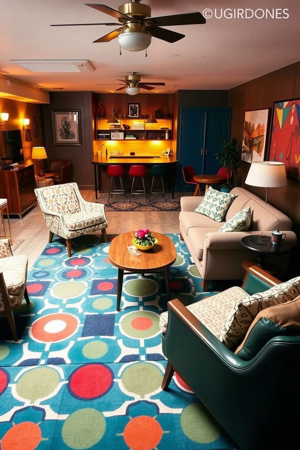 A vintage lounge with retro furniture pieces. The room features a bold patterned area rug that anchors the space, complemented by a mix of colorful armchairs and a classic mid-century modern sofa. Unfinished basement design ideas. The area is transformed into a cozy retreat with warm lighting, a small bar setup, and comfortable seating, creating an inviting atmosphere for relaxation and entertainment.