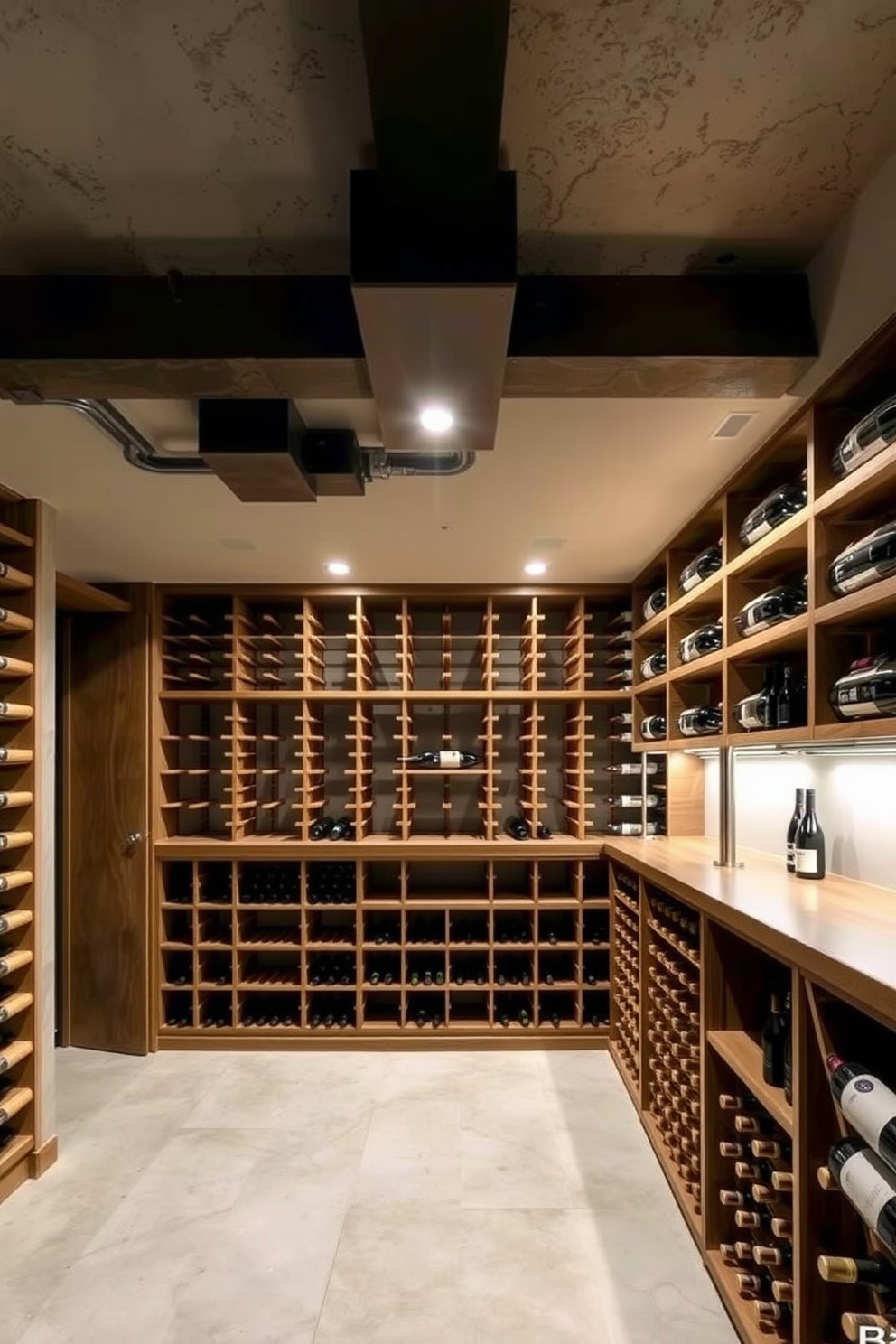 A luxurious wine cellar featuring climate control systems to maintain optimal temperature and humidity levels. The space is lined with custom-built wooden shelves that elegantly display a curated selection of fine wines. An unfinished basement designed for versatility and creativity. The area includes exposed beams and concrete walls, providing a blank canvas for future renovations and personalized touches.