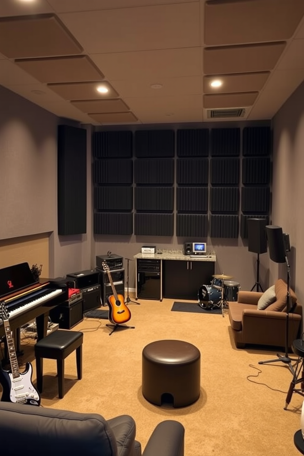 A modern music studio featuring soundproofing panels on the walls and ceiling. Various musical instruments are arranged throughout the space, including a grand piano, electric guitar, and a drum set. A cozy unfinished basement designed for relaxation and entertainment. The area includes a comfortable seating arrangement, a small wet bar, and ambient lighting to create a warm atmosphere.