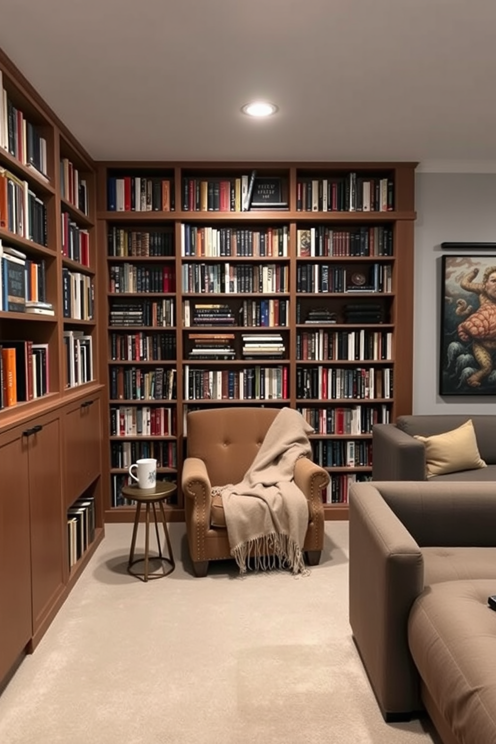 A cozy reading corner featuring floor-to-ceiling bookshelves filled with an eclectic collection of books. In the center, a plush armchair with a soft throw blanket invites relaxation, while a small side table holds a steaming cup of tea. A functional unfinished basement designed for versatility and comfort. The space includes a designated area for a home gym, a cozy lounge with a sectional sofa, and a small kitchenette for convenience.