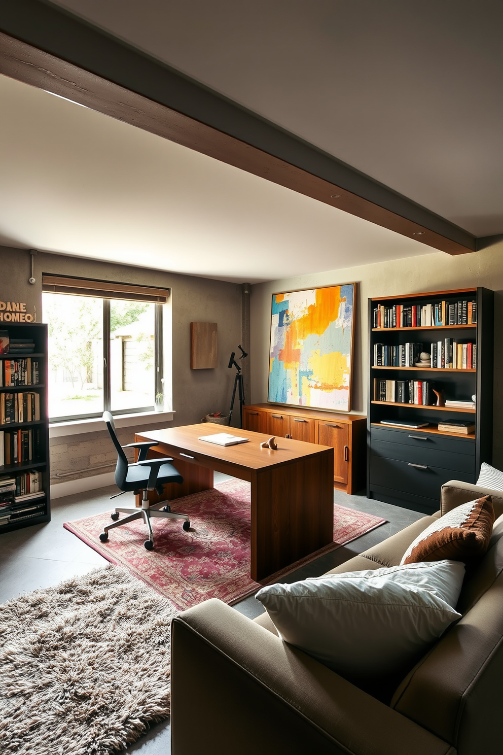 Home office with inspiring wall art. The walls are adorned with large, colorful abstract paintings that energize the space. A sleek wooden desk faces a window, allowing natural light to flood in. A comfortable ergonomic chair and a stylish bookshelf filled with books complete the setup. Unfinished basement design ideas. The space features exposed beams and concrete walls, creating an industrial vibe. Cozy seating areas with plush rugs and warm lighting invite relaxation, while a small kitchenette adds functionality to the area.