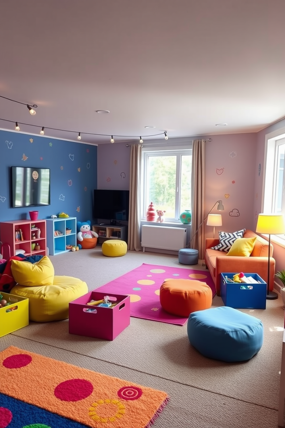 Bright play area for kids enjoyment. The space features colorful rugs and wall decals with playful designs, creating a cheerful atmosphere. Soft seating options in vibrant colors are scattered throughout, along with a variety of toys and games in open storage bins. Large windows allow natural light to flood the room, enhancing the lively ambiance. Unfinished basement design ideas. The area is transformed with cozy seating arrangements and a playful color scheme to create a welcoming environment. Creative lighting solutions, such as string lights and floor lamps, illuminate the space, making it feel inviting and functional. Designated zones for activities like a play area, a home gym, and a small lounge enhance usability while maintaining an open feel.