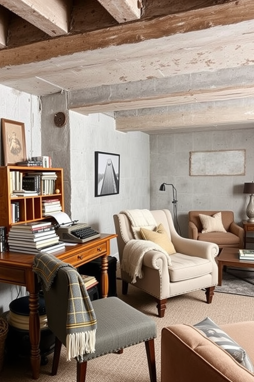 A cozy creative writing nook features a vintage wooden desk with an antique typewriter on top. A plush armchair sits beside the desk, adorned with a soft throw blanket and a stack of well-loved books. The unfinished basement design showcases a versatile space with exposed beams and concrete walls. A comfortable seating area with modular furniture is arranged around a coffee table, creating an inviting atmosphere for relaxation and creativity.