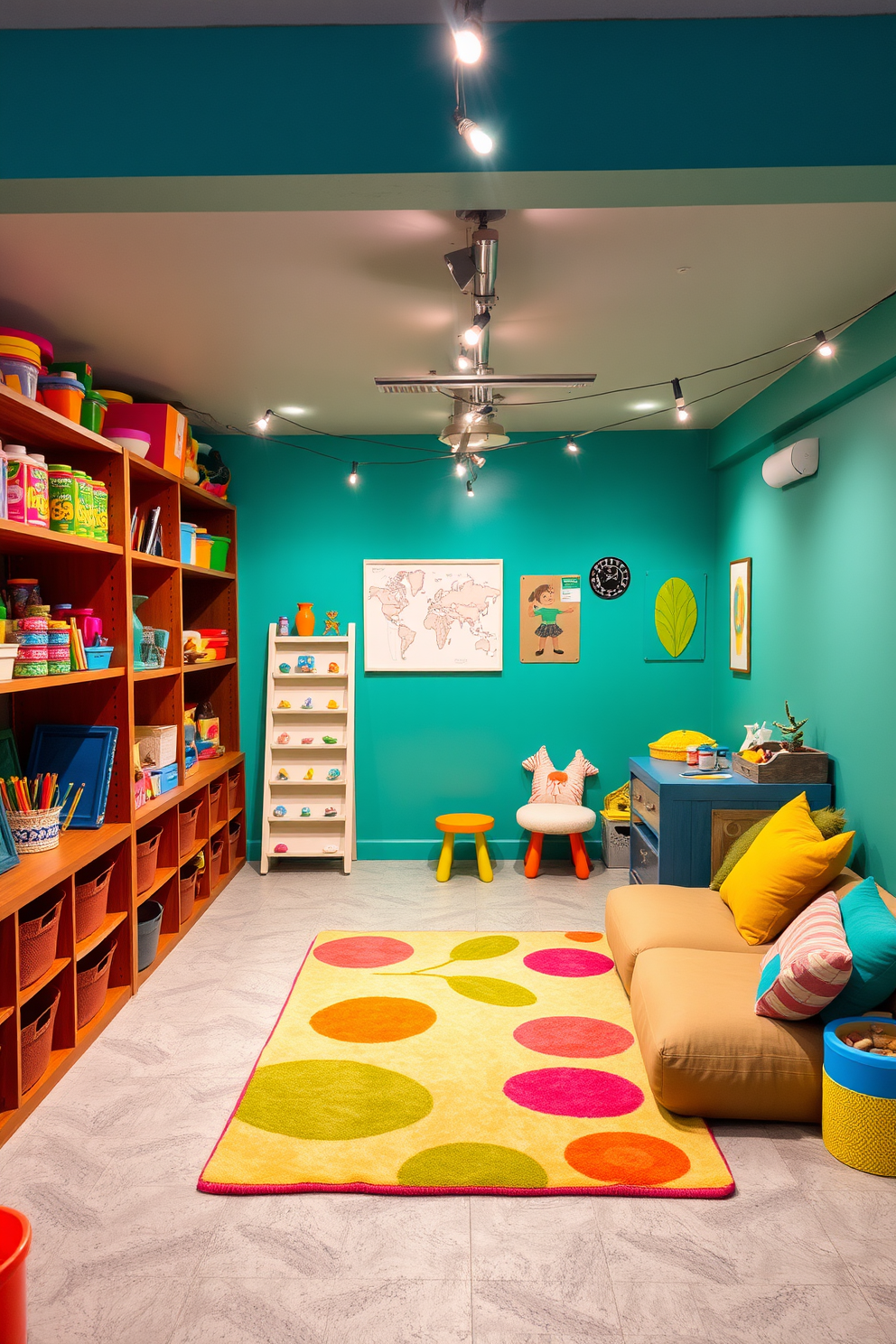 A vibrant kids art studio filled with colorful decor. The walls are painted in bright primary colors, and various art supplies are neatly organized on open shelves. The unfinished basement features a cozy lounge area with soft seating and a playful rug. The space is illuminated by string lights, creating a warm and inviting atmosphere.