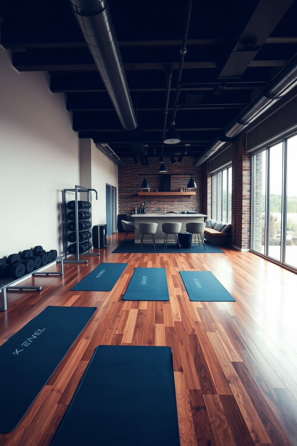 A modern fitness area featuring several yoga mats neatly arranged on a polished wooden floor. Weights of various sizes are placed on a sleek metal rack against the wall, with large windows allowing natural light to fill the space. An unfinished basement transformed into a cozy recreational area with soft lighting and comfortable seating. Exposed beams and brick walls create an industrial charm, while a small bar area adds an inviting touch for entertaining guests.