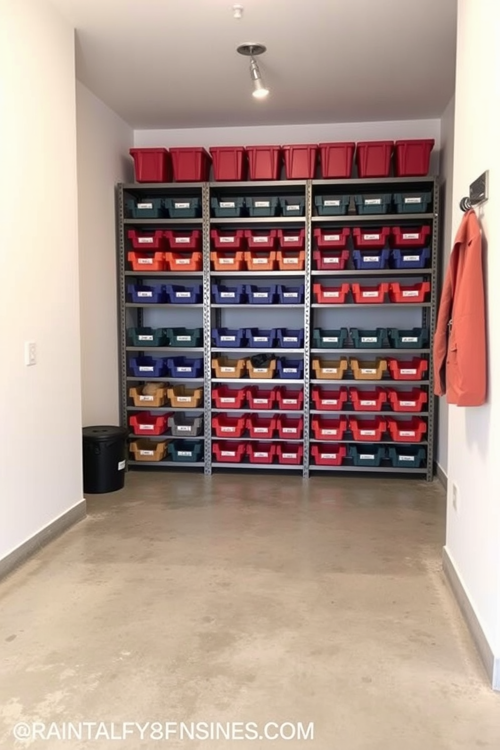 A seasonal storage area with organized bins features a spacious layout designed for efficiency. The walls are painted in a light neutral color, and sturdy shelving units hold labeled bins in a variety of colors for easy identification. Unfinished basement design ideas include a versatile space that can be customized for multiple uses. The concrete floors are polished, and the walls are left in their natural state, providing a blank canvas for future renovations.