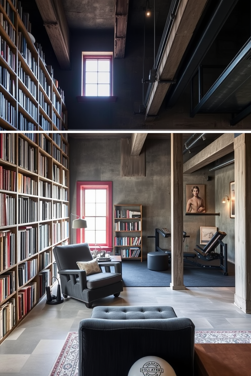 A cozy home library with floor to ceiling bookshelves filled with a variety of books. A plush reading chair is positioned in the corner beside a large window, allowing natural light to flood the space. An unfinished basement transformed into a multifunctional area with a comfortable lounge and a small home gym. Exposed beams and concrete walls create an industrial vibe, while warm lighting adds a touch of coziness.