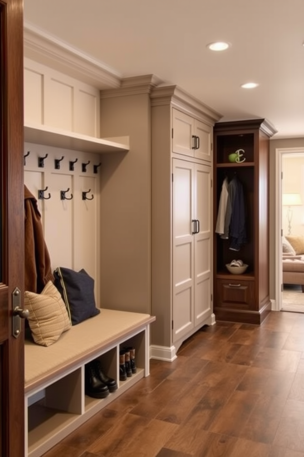 Stylish mudroom with storage and seating. The room features built-in benches with plush cushions and hooks for coats, complemented by a large storage cabinet for shoes and outdoor gear. Unfinished basement design ideas. The space is transformed with cozy seating areas, warm lighting, and multifunctional furniture to create a welcoming atmosphere while maintaining an open layout.