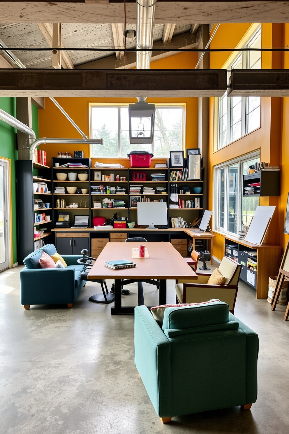 A flexible space for hobbies and crafts features a large central table surrounded by comfortable chairs. The walls are painted in a bright and inspiring color, with shelves filled with art supplies and tools. The unfinished basement design includes exposed beams and concrete floors, creating an industrial aesthetic. Large windows allow natural light to flood the space, making it inviting for creative activities.