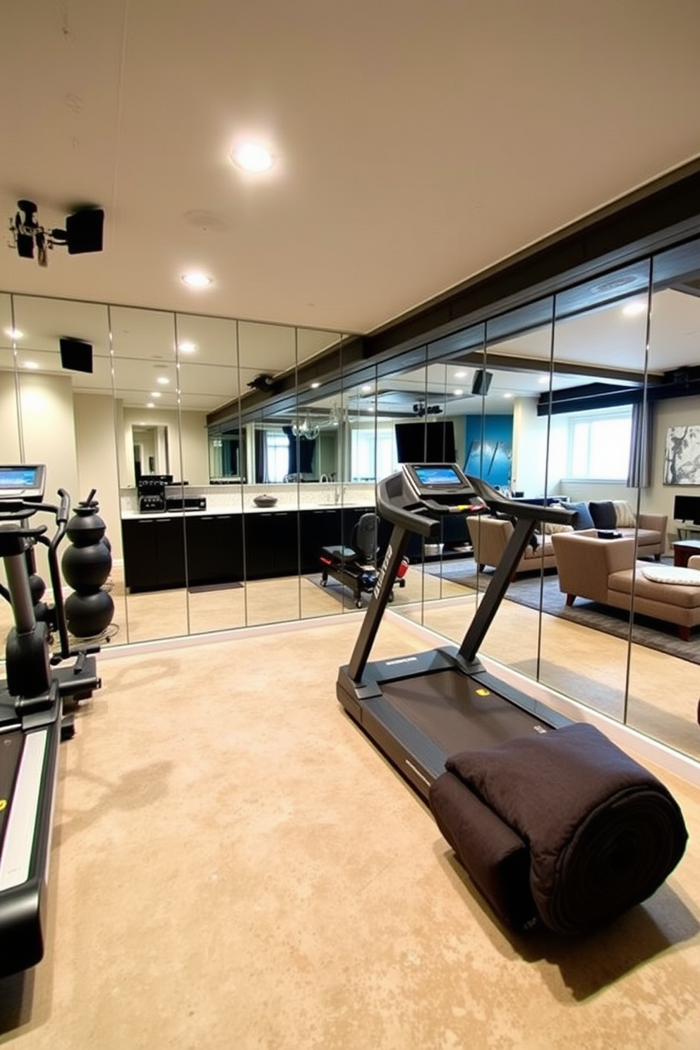 A modern home gym featuring mirrored walls that create an illusion of spaciousness. The room is equipped with state-of-the-art fitness equipment including a treadmill, weights, and a yoga mat neatly rolled in the corner. An unfinished basement designed for versatile use with exposed beams and concrete floors. The space includes a cozy lounge area with comfortable seating and a small kitchenette for entertaining guests.