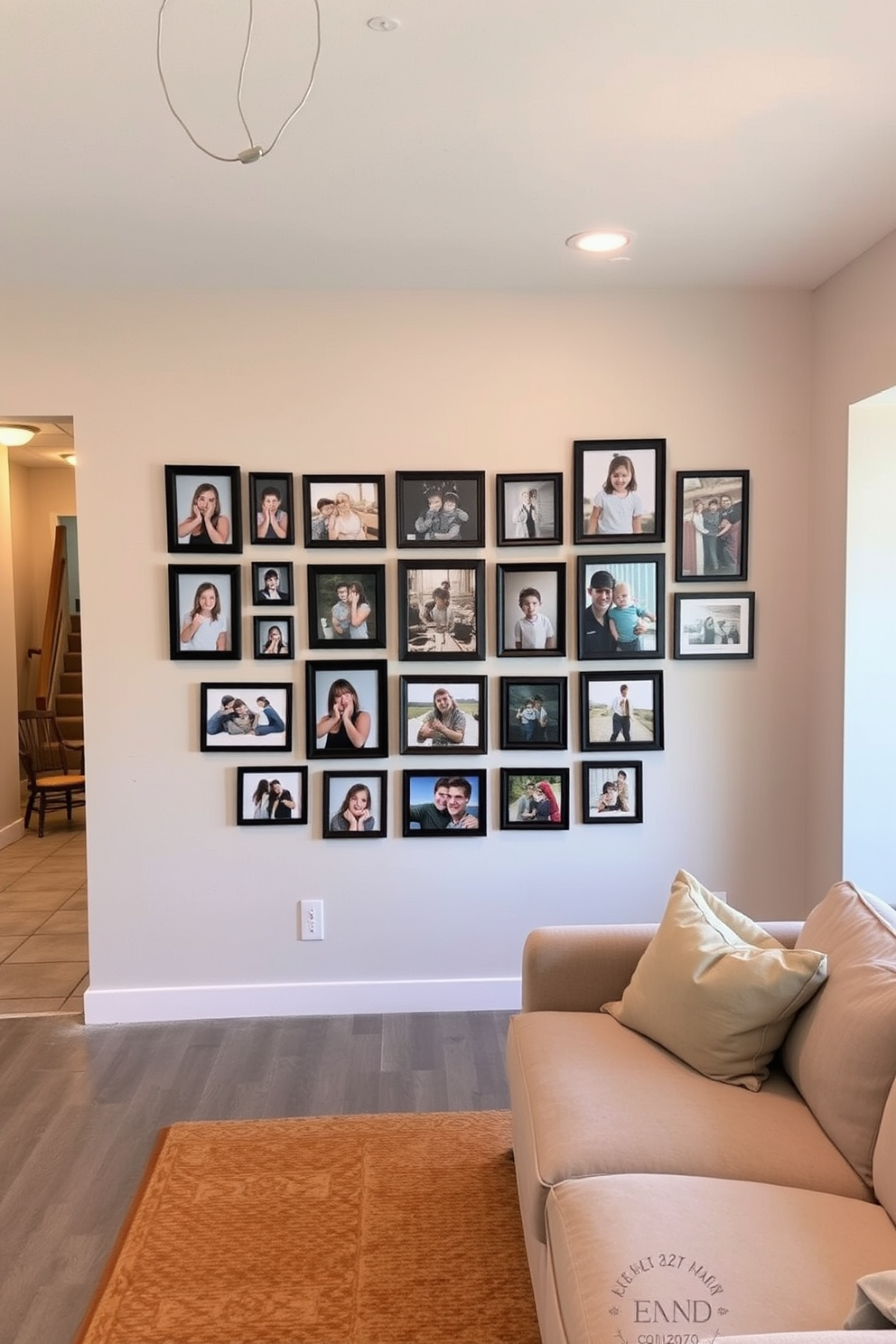 A personalized gallery wall showcases an array of family photos in various frames. The wall is painted in a soft neutral color to enhance the visual impact of the images. The unfinished basement features a cozy lounge area with plush seating and a warm area rug. Industrial-style lighting illuminates the space, creating an inviting atmosphere for relaxation and entertainment.