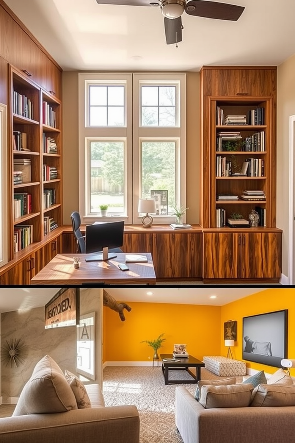 A stylish home office with ample storage features a sleek desk made of reclaimed wood positioned against a wall of built-in shelves filled with books and decorative items. Large windows allow natural light to flood the space, while a comfortable ergonomic chair complements the modern aesthetic. Unfinished basement design ideas include a cozy lounge area with plush seating and a small coffee table, creating an inviting atmosphere for relaxation. Incorporating bright lighting and vibrant wall colors can transform the space into a functional area for entertainment or hobbies.