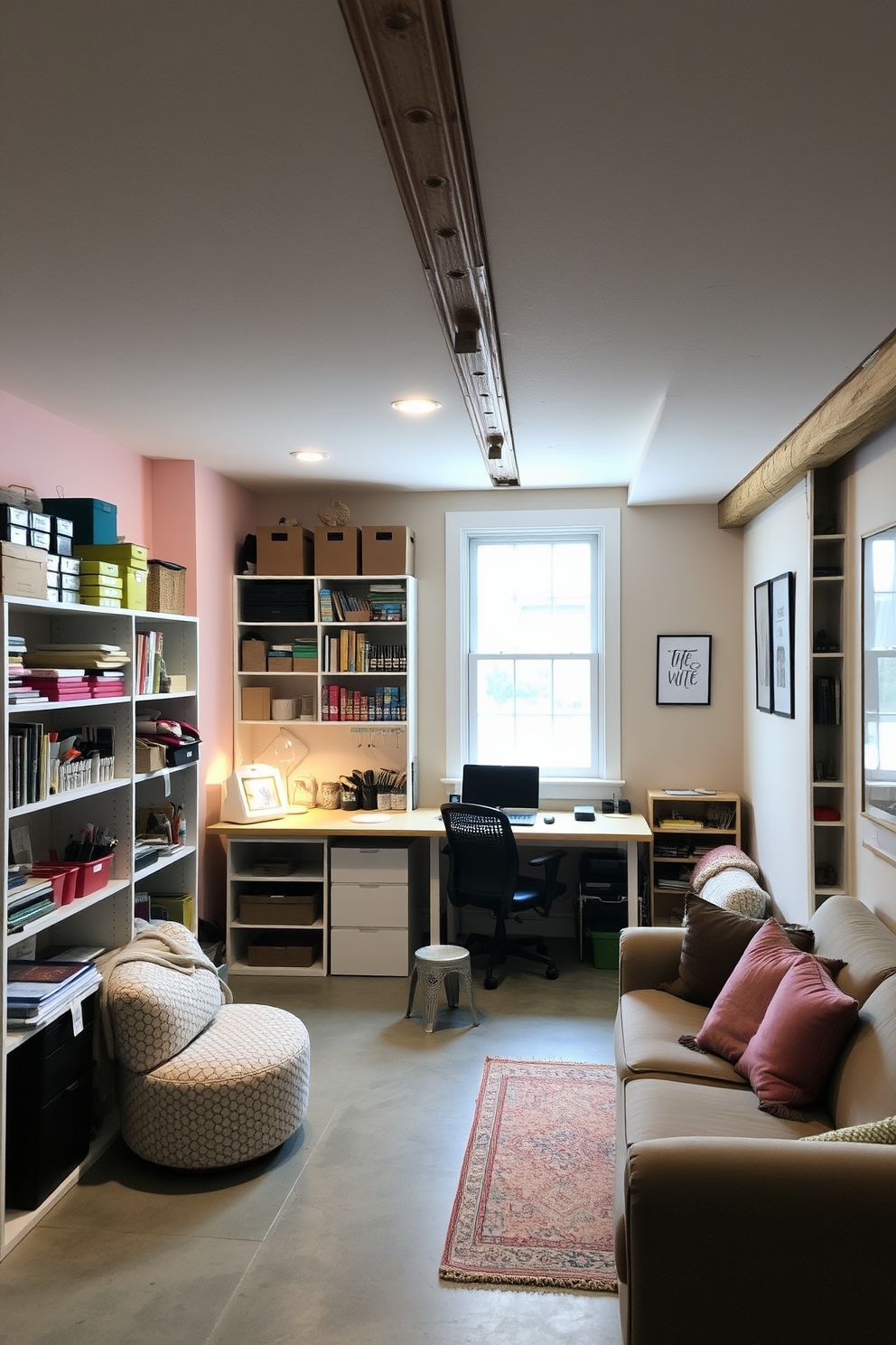 A cozy craft corner with organized supplies and a spacious workspace. The walls are painted in soft pastel colors, and a large window lets in natural light, illuminating the neatly arranged shelves filled with art supplies and tools. An unfinished basement transformed into a functional living space. The design features exposed beams and concrete floors, with cozy seating areas and creative storage solutions that maximize the space's potential.