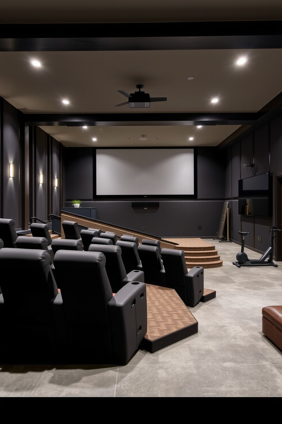 A luxurious movie theater setup featuring plush reclining seats arranged in a tiered layout. The walls are adorned with dark acoustic panels, and a large screen dominates the front of the room, illuminated by soft recessed lighting. An unfinished basement design that maximizes space and functionality. Exposed beams and concrete floors create an industrial vibe, while designated areas for a home gym and a cozy lounge are thoughtfully planned.