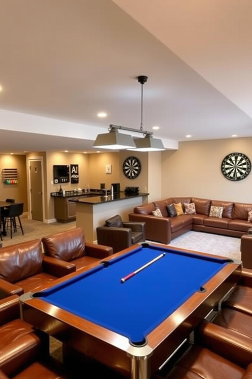 A vibrant game room featuring a sleek pool table at the center, surrounded by comfortable seating in rich leather. On one wall, a dartboard is mounted, with a collection of colorful darts neatly arranged nearby. An unfinished basement transformed into a cozy entertainment space with warm lighting and inviting furniture. The area includes a small bar setup and a large sectional sofa, creating an ideal spot for relaxation and social gatherings.